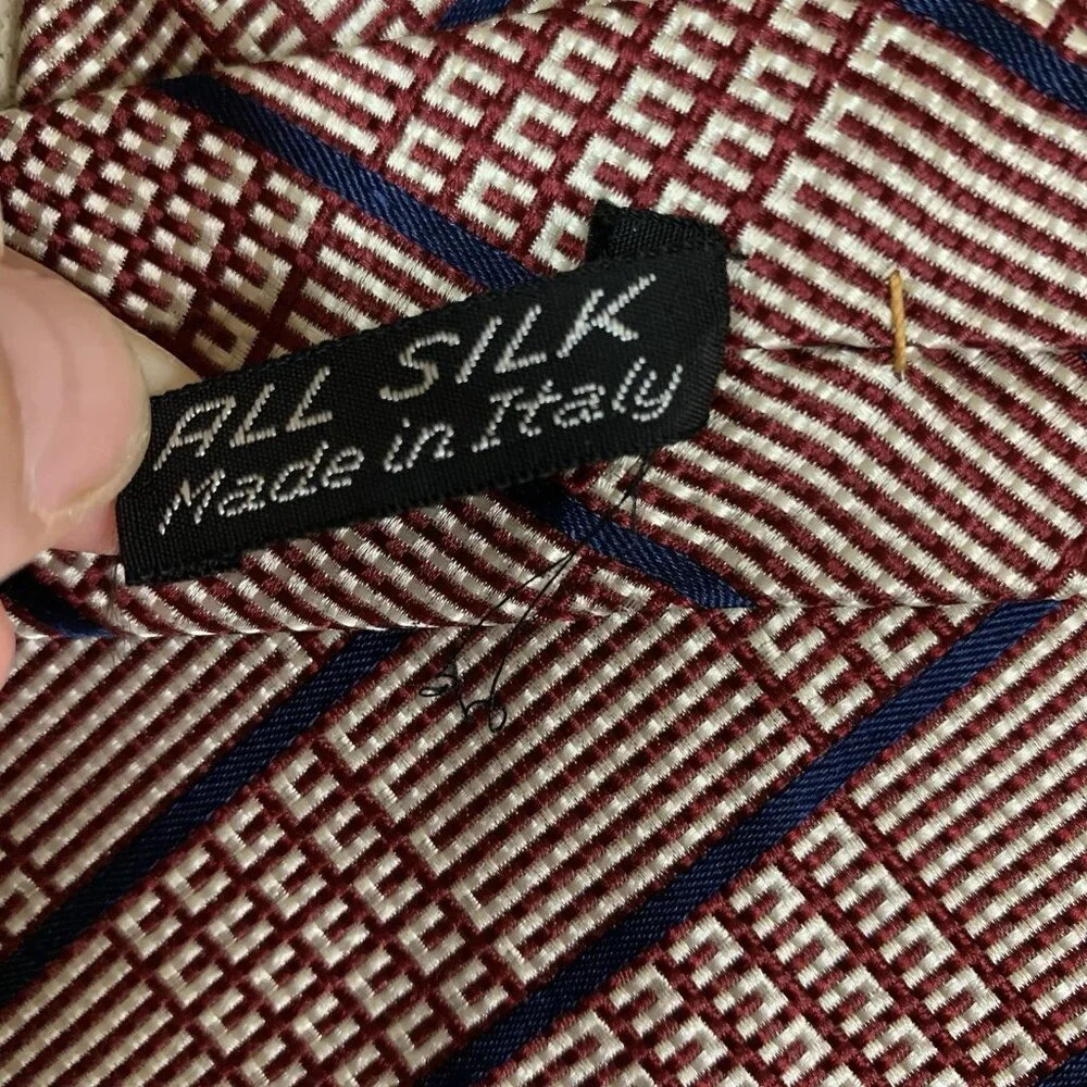 Bergdorf Goodman Luxury Designer Silk Geometric Pattern Necktie Red Blue‎ Italy